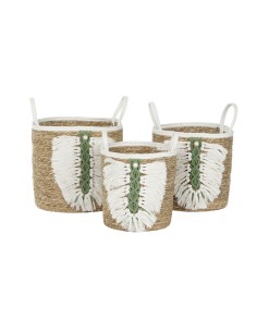 Set de basket Home ESPRIT Blanc Vert Naturel Fibre naturelle Tropical 39 x 39 x 47 cm (3 Pièces)