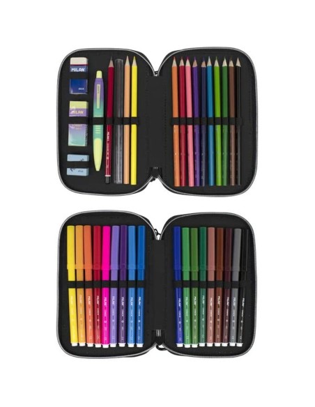 Plumier double Milan Sunset Noir Vert 34 Pièces 19,5 x 13 x 5 cm