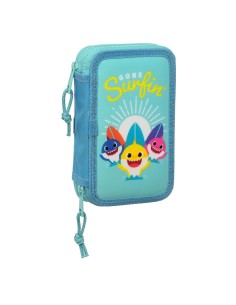 Plumier double Baby Shark Surfing Bleu Blanc 12.5 x 19.5 x 4 cm (28 Pièces)