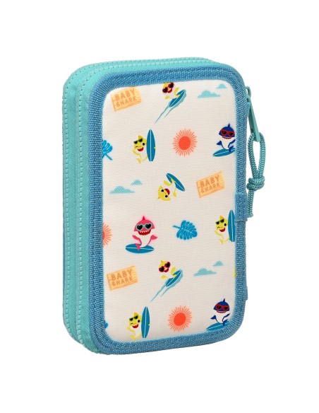 Plumier double Baby Shark Surfing Bleu Blanc 12.5 x 19.5 x 4 cm (28 Pièces)
