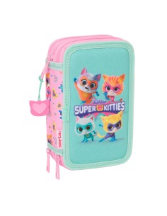 Pochette à crayons triple SuperKitties Rose Turquoise 12,5 x 19,5 x 5,5 cm 37 Pièces