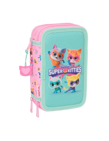 Pochette à crayons triple SuperKitties Rose Turquoise 12,5 x 19,5 x 5,5 cm 37 Pièces