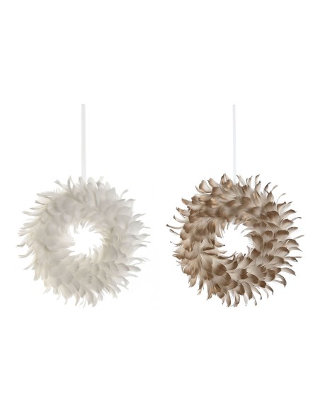 Couronne de Noël Home ESPRIT Blanc Doré Plume 30 x 7 x 30 cm (2 Unités)