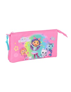 Trousse Fourre-Tout Triple Gabby's Dollhouse Confetti Rose Turquoise 22 x 12 x 3 cm