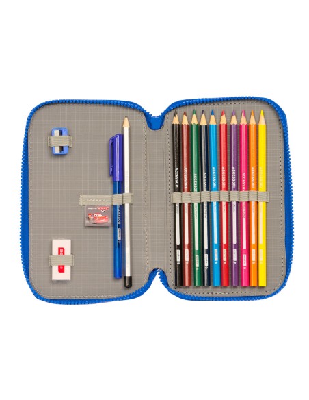 Plumier double Cars Race ready Bleu 12.5 x 19.5 x 4 cm (28 Pièces)