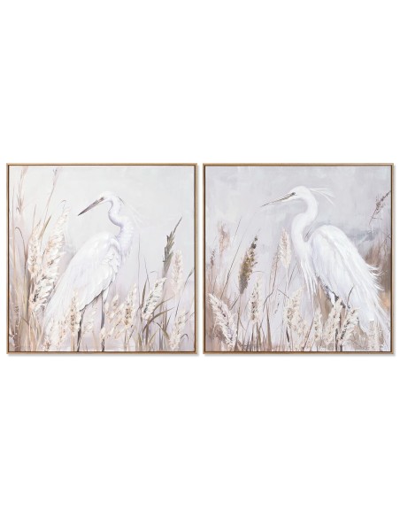 Cadre Home ESPRIT Blanc Beige Gris Oiseau Oriental 80 x 3,5 x 80 cm (2 Unités)