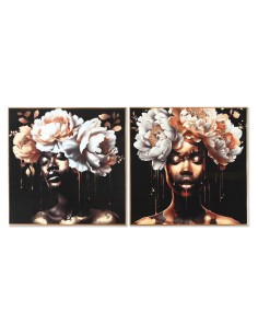 Cadre Home ESPRIT Blanc Noir Doré Fleurs 80 x 3,5 x 80 cm (2 Unités)