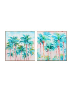 Cadre Home ESPRIT Bleu Rouge Vert Bleu ciel Palmiers Tropical 80 x 3,5 x 80 cm (2 Unités)