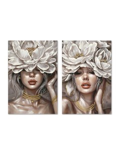 Cadre Home ESPRIT Blanc Beige Fleurs Romantique 60 x 3 x 90 cm (2 Unités)