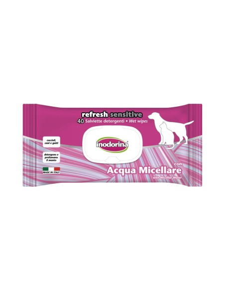 Lingettes humides pour animaux domestiques Inodorina REFRESH SENSITIVE Eau micellaire