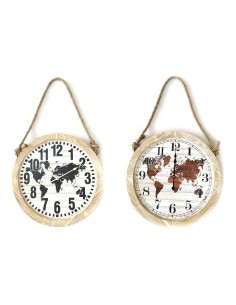 Horloge Murale DKD Home Decor Noir Marron Corde Bois MDF Mappemonde (2 pcs) (50 x 4 x 50 cm)