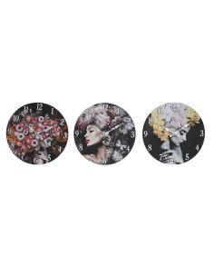 Horloge Murale DKD Home Decor Noir Multicouleur Fleurs Moderne Bois MDF (34 x 4 x 34 cm) (3 Unités)