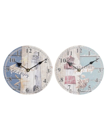 Horloge Murale DKD Home Decor Multicouleur Phare Bois MDF méditerranéen (2 Unités) (20 x 3 x 20 cm)