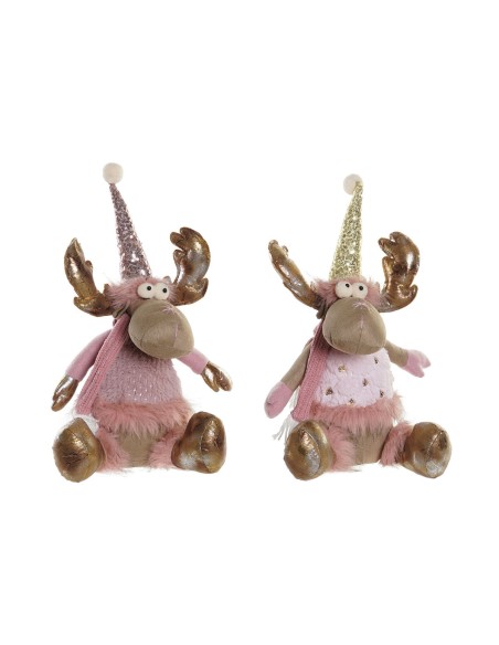 Décorations de Noël DKD Home Decor Marron Rose Doré Renne 27 x 16 x 42 cm (2 Unités)