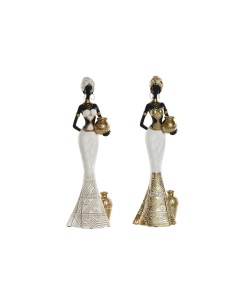 Figurine Décorative Home ESPRIT Blanc Noir Doré Africaine 9,5 x 7,5 x 31 cm (2 Unités)