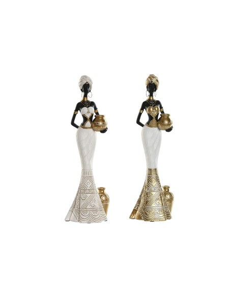 Figurine Décorative Home ESPRIT Blanc Noir Doré Africaine 9,5 x 7,5 x 31 cm (2 Unités)