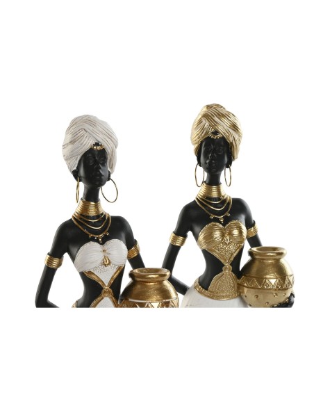 Figurine Décorative Home ESPRIT Blanc Noir Doré Africaine 9,5 x 7,5 x 31 cm (2 Unités)