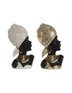 Figurine Décorative Home ESPRIT Blanc Noir Doré Africaine 22 x 11 x 37 cm (2 Unités)