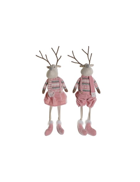 Décorations de Noël DKD Home Decor Blanc Marron Rose Renne 17 x 14 x 63,5 cm (2 Unités)