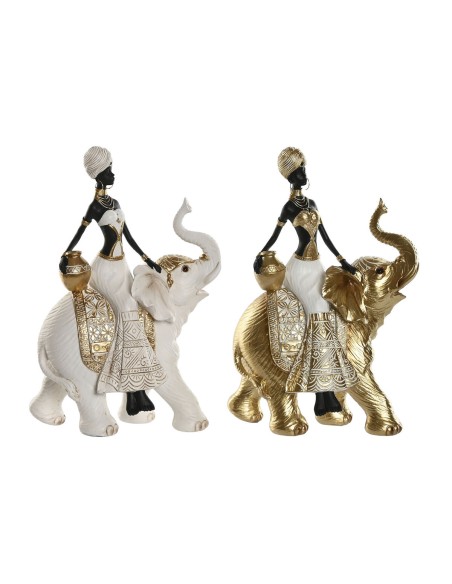 Figurine Décorative Home ESPRIT Blanc Noir Doré Eléphant Africaine 21 x 11 x 32 cm (2 Unités)
