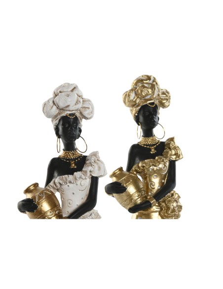 Figurine Décorative Home ESPRIT Blanc Noir Doré Africaine 10 x 7 x 31 cm (2 Unités)