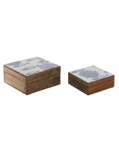 Boîte à bijoux Home ESPRIT Bleu Blanc Naturel Bois de manguier 18 x 17 x 8,5 cm (2 Unités)