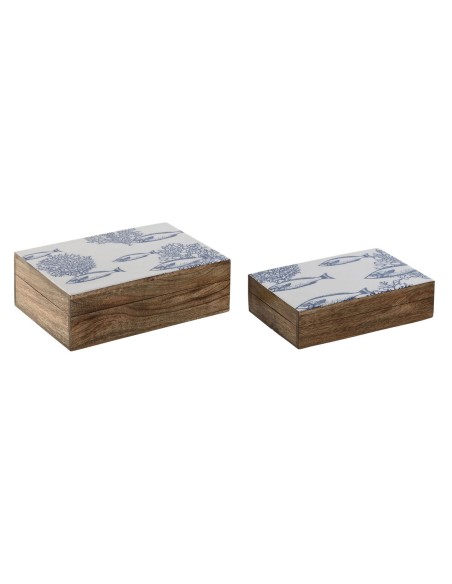Boîte à bijoux Home ESPRIT Bleu Blanc Naturel Bois de manguier 25 x 17,5 x 8 cm (2 Unités)