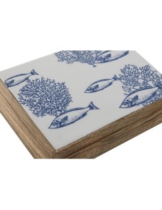 Boîte à bijoux Home ESPRIT Bleu Blanc Naturel Bois de manguier 25 x 17,5 x 8 cm (2 Unités) 2