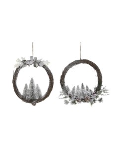 Couronne de Noël DKD Home Decor Naturel osier Ananas Enneigé 46 x 7 x 46 cm (2 Unités)