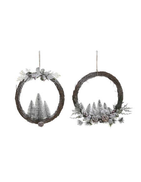 Couronne de Noël DKD Home Decor Naturel osier Ananas Enneigé 46 x 7 x 46 cm (2 Unités)