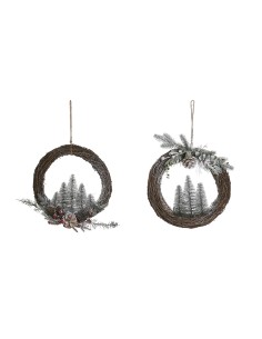 Couronne de Noël DKD Home Decor Naturel osier Ananas Enneigé 32 x 7 x 32 cm (2 Unités)