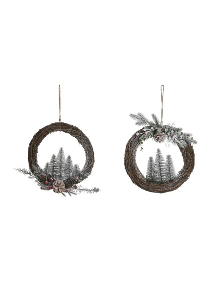 Couronne de Noël DKD Home Decor Naturel osier Ananas Enneigé 32 x 7 x 32 cm (2 Unités)