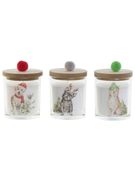 Bougie DKD Home Decor Multicouleur Pompons Noël 8 x 8 x 9 cm 8 x 8 x 11 cm (3 Unités) (2 Unités)