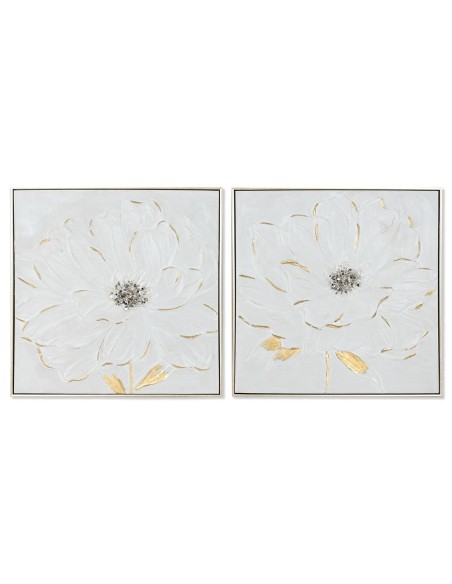 Cadre Home ESPRIT Blanc Doré polystyrène Toile Fleur Shabby Chic 62 x 4,5 x 62 cm (2 Unités)