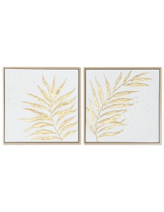 Cadre Home ESPRIT Blanc Doré Toile Bois MDF Moderne Feuille d'une plante 42 x 4 x 42 cm (2 Unités)