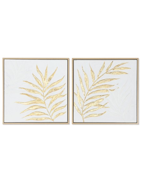 Cadre Home ESPRIT Blanc Doré Toile Bois MDF Moderne Feuille d'une plante 42 x 4 x 42 cm (2 Unités)