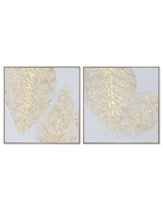 Cadre Home ESPRIT Blanc Doré Toile Bois MDF Moderne Feuille d'une plante 82 x 4,5 x 82 cm (2 Unités)
