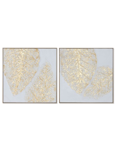 Cadre Home ESPRIT Blanc Doré Toile Bois MDF Moderne Feuille d'une plante 82 x 4,5 x 82 cm (2 Unités)