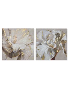 Cadre Home ESPRIT Beige Doré Toile Bois MDF Moderne Fleur 80 x 3 x 80 cm (2 Unités)