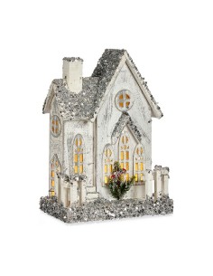 Figurine Décorative Noël Paillettes Lumière LED Maison 24,5 x 32 x 12 cm Gris Bois Blanc
