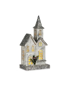 Figurine Décorative Noël Paillettes Lumière LED Maison 22 x 45 x 11 cm Gris Bois Blanc