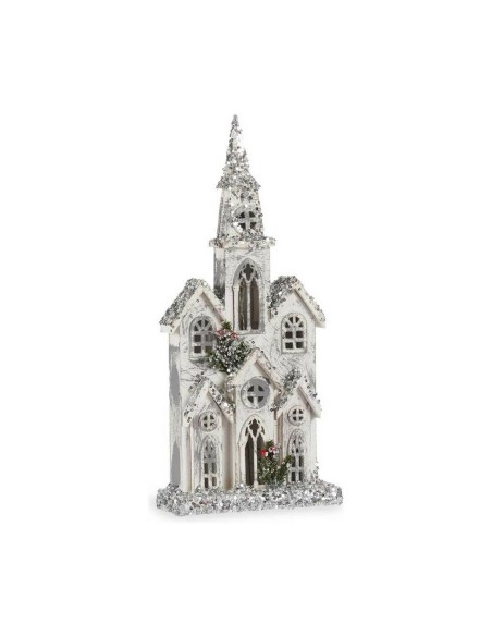 Figurine Décorative Noël Paillettes Lumière LED Maison 25,5 x 56,5 x 9,5 cm Gris Bois Blanc
