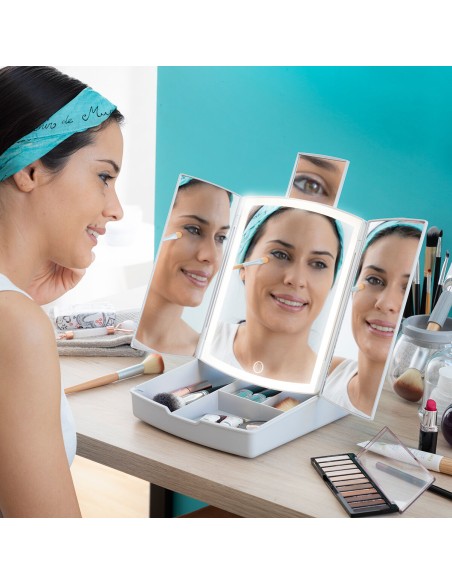 Miroir LED Pliable avec Organisateur de Maquillage 3-en-1 Panomir InnovaGoods