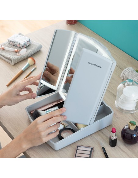 Miroir LED Pliable avec Organisateur de Maquillage 3-en-1 Panomir InnovaGoods