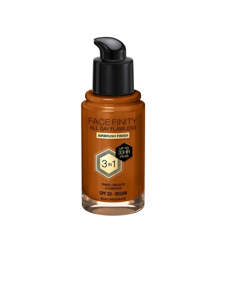 Base de Maquillage Crémeuse Max Factor Face Finity All Day Flawless 3-en-1 Spf 20 Nº N102 Chocolate 30 ml