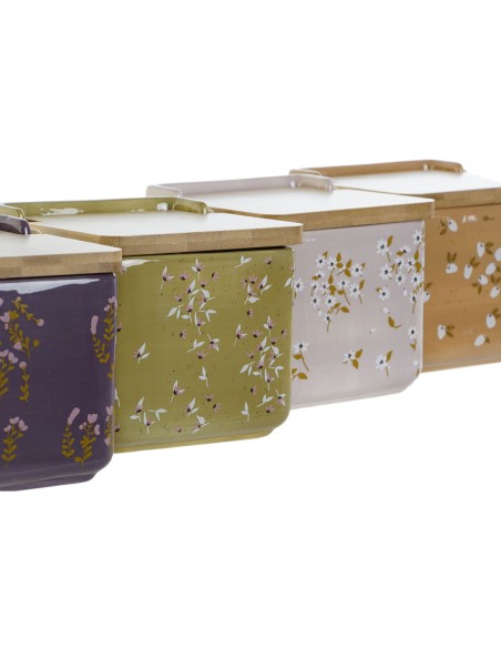 Salière avec couvercle DKD Home Decor Vert Rose Moutarde Lila Bambou 750 ml 14 x 12,5 x 12 cm (4 Unités)