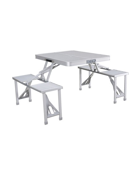 Ensemble Marbueno: Table et 4 Sièges avec Trou pour Parasol Pliable Aluminium Gris Camping Plage 136X85X67 cm 10439