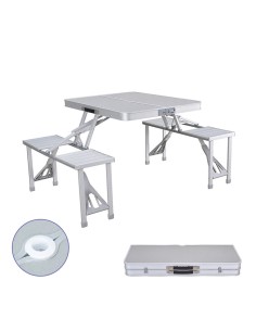 Ensemble Marbueno: Table et 4 Sièges avec Trou pour Parasol Pliable Aluminium Gris Camping Plage 136X85X67 cm 10439 2