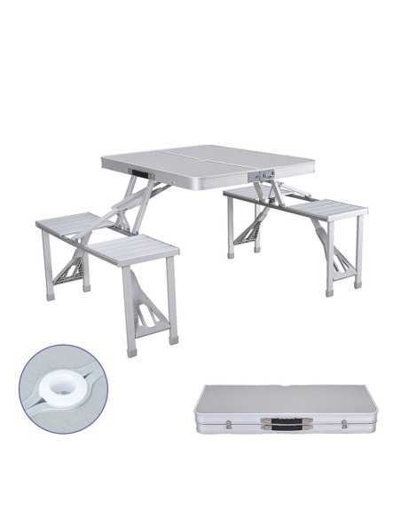 Ensemble Marbueno: Table et 4 Sièges avec Trou pour Parasol Pliable Aluminium Gris Camping Plage 136X85X67 cm 10439