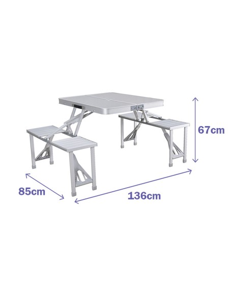 Ensemble Marbueno: Table et 4 Sièges avec Trou pour Parasol Pliable Aluminium Gris Camping Plage 136X85X67 cm 10439